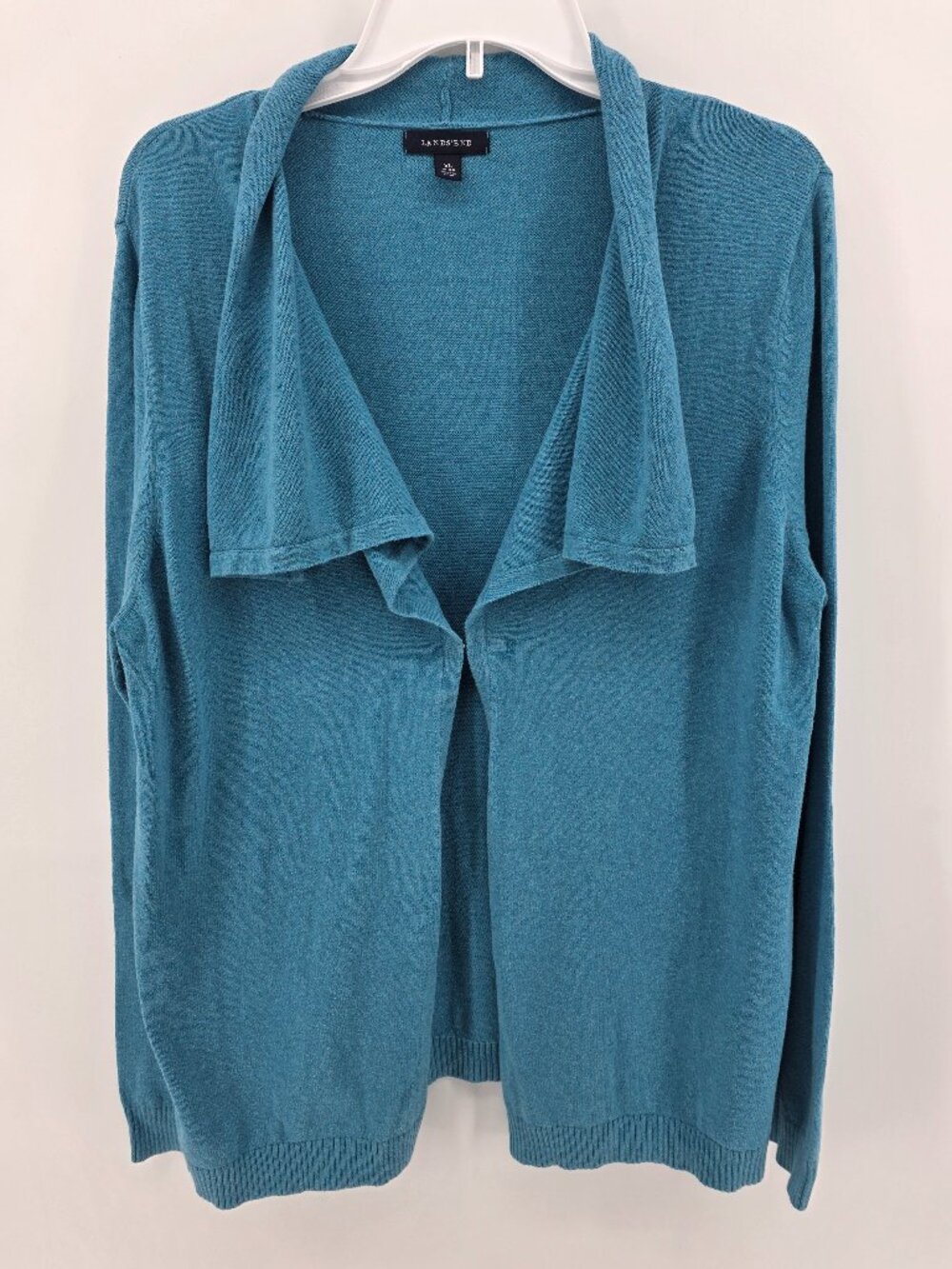 Lands End Teal Blue Draped Open Front Cardigan‎ Hook Closure Womens XL